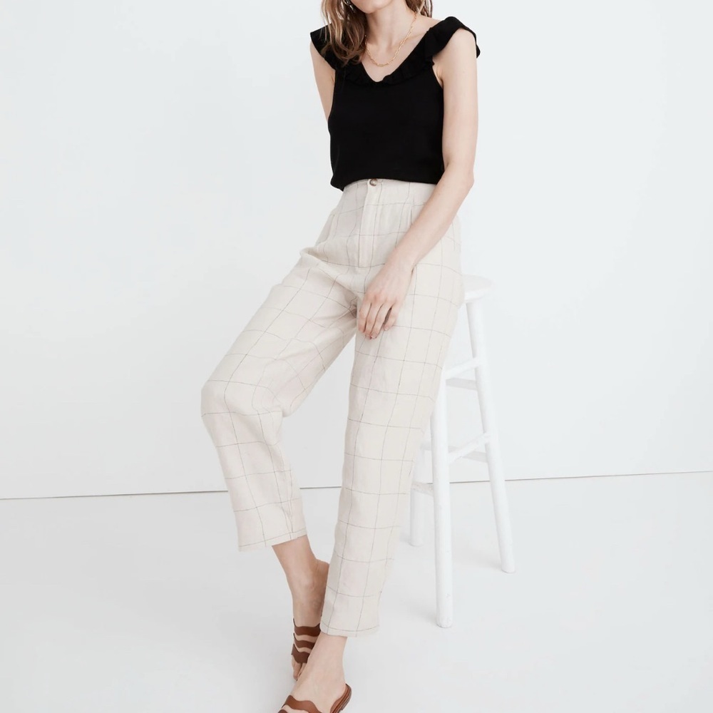Madewell Linen Pleated Taper Wide-Leg Pants Windowpane Lagenlook Quiet Luxury 2 - Picture 1 of 10
